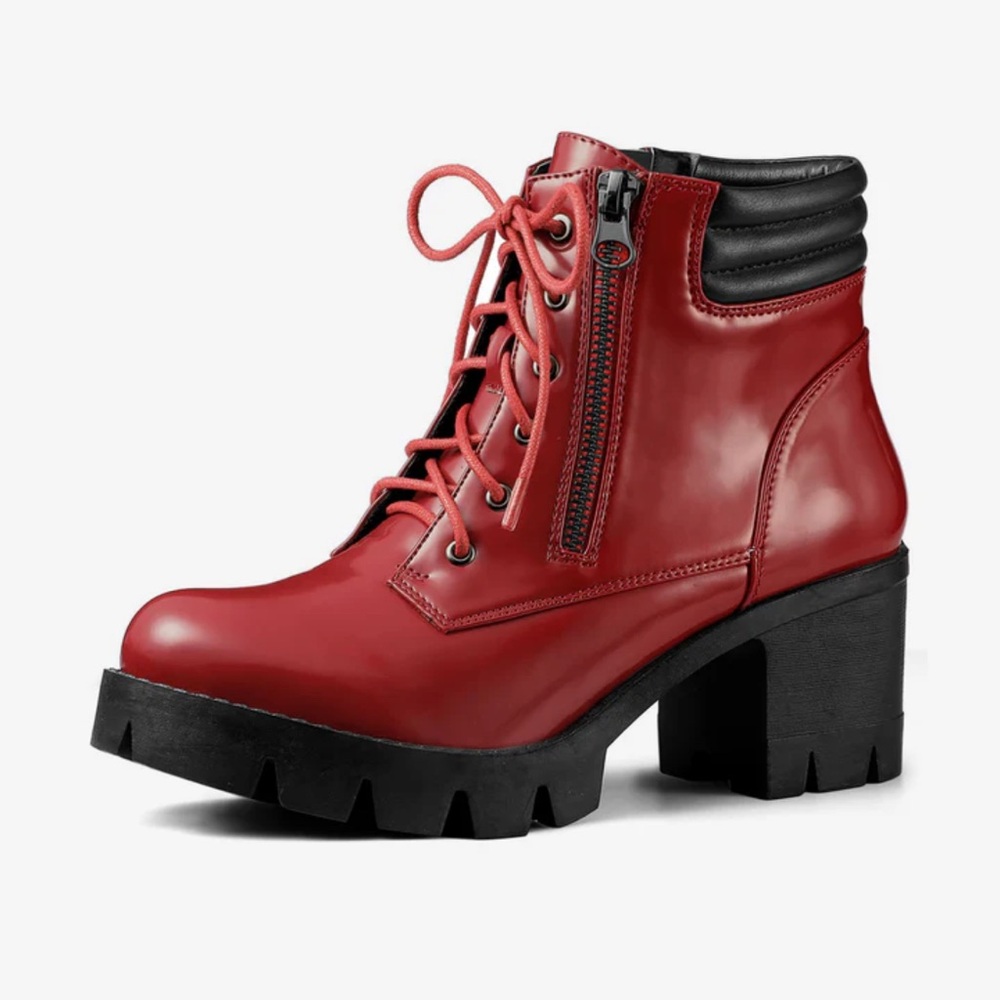Women's Chunky Heel Lace Up Zipper Red Combat Boots